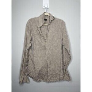 Zegna Shirt Mens Large Beige 100% Linen Button Up Long Sleeve Casual Band Collar